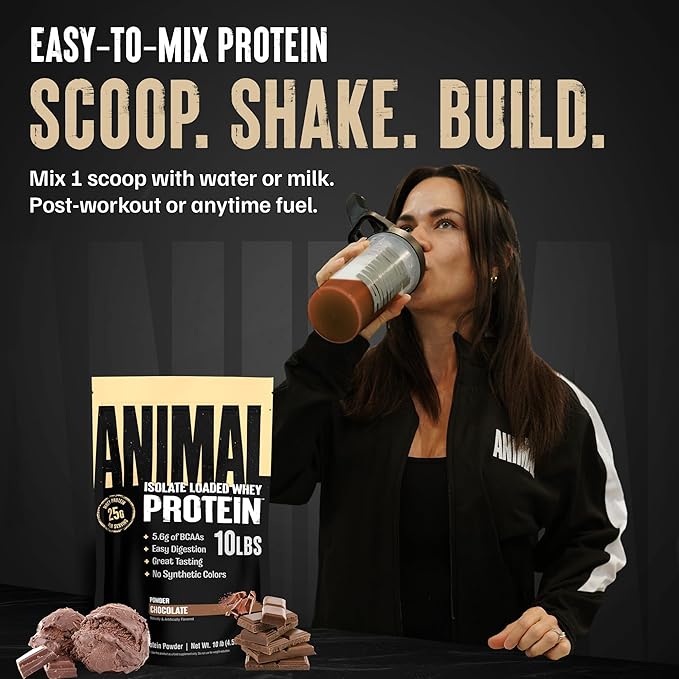 Animal Whey Isolate Protein Powder - Loaded for Pre &amp Post Workout Muscle Builder and Recovery with Digestive Enzymes for Men &amp Women - 25g Protein Great Taste Low Sugar - Chocolate 10 lbs