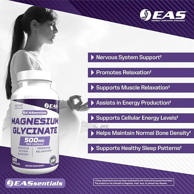EAS Magnesium Glycinate 500mg | Nervous System &amp Muscle Function | Relaxation Support | Easy to Digest | Gluten Free Non GMO Vegetarian | 120 Veggie Capsules