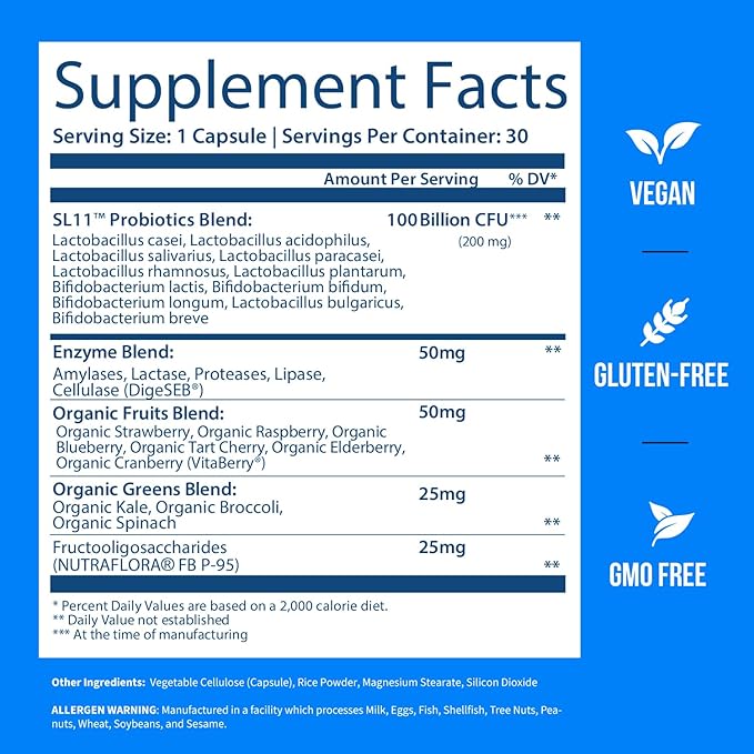 GOBIOTIX 100 Billion - Digestive Enzymes Supplement - Probiotics Multivitamin - Prebiotic Fiber Blend - 100 Billion CFU - Organic Fruit and Greens Blend - Vegan Non GMO - 30 Capsules