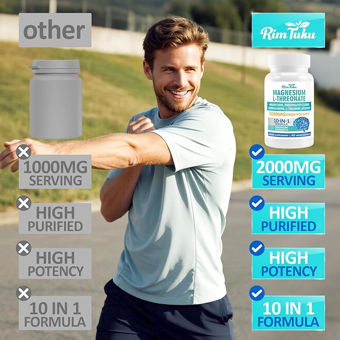 Magnesium L-Threonate 2000mg | 10-in-1 Supplement for Brain Health &amp Cognitive Support | High-Absorption Magnesium Threonate Capsules 180 Count