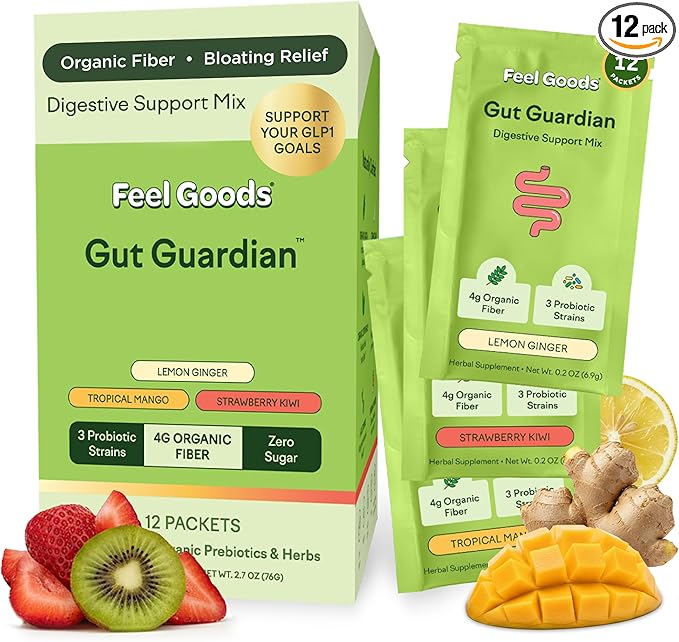 Feel Goods Gut Guardian Digestive Health Powder Packets - Probiotic Fiber Powder with Prebiotics &amp L Glutamine for Gut Health Bloating Relief &amp Digestion Support - Zero Sugar &amp Organic F