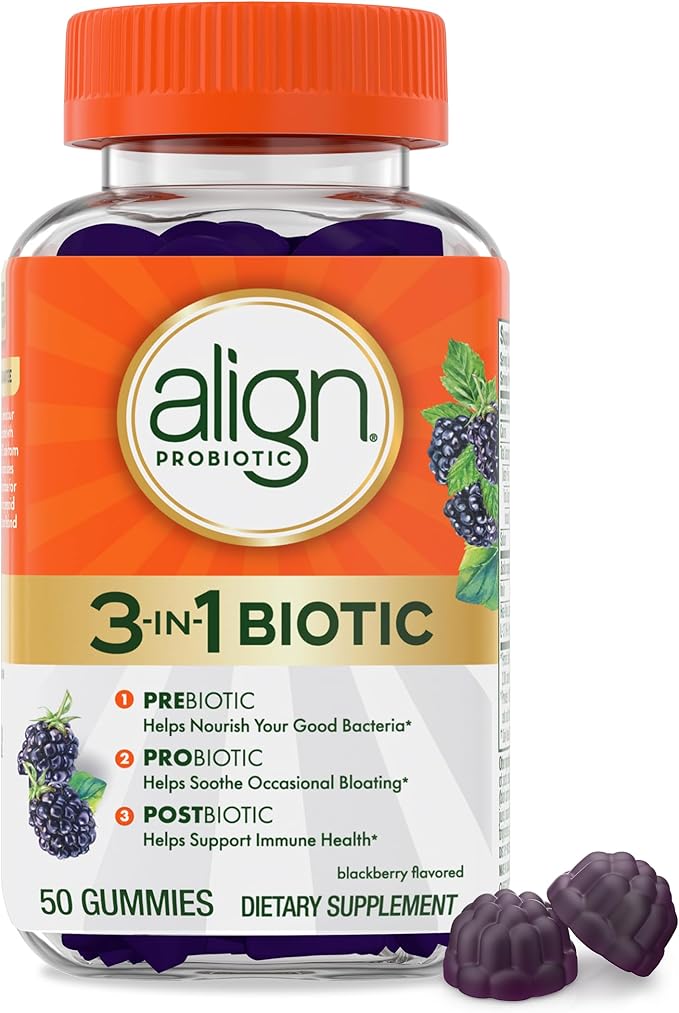 Align Probiotic 3-in-1 Biotic Gummies Prebiotic + Probiotic + Postbiotic #1 Doctor Recommended Probiotic Brand‡ Helps Relieve Occasional Bloating* BlackBerry Flavor 50 Gummies