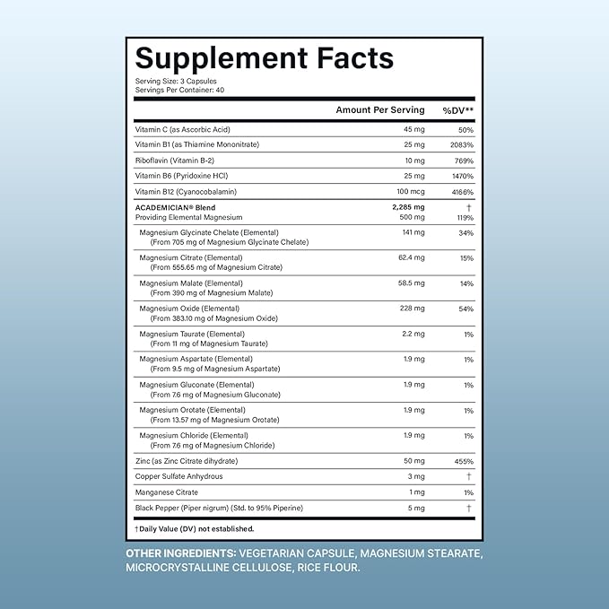 Magnesium Complex Capsule with Magnesium Citrate Glycinate Malate Oxide Taurate Vitamin B Complex Supplement - 120 Count