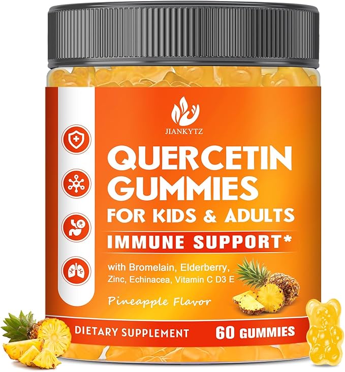 Sugar Free Quercetin with Bromelain Gummies for Kids &amp Adult - Immune Antioxidant Seasonal Support 1000mg Quercetin Supplements with Bromelain Zinc Elderberry Vitamin C D3 E Vegan 60 Count