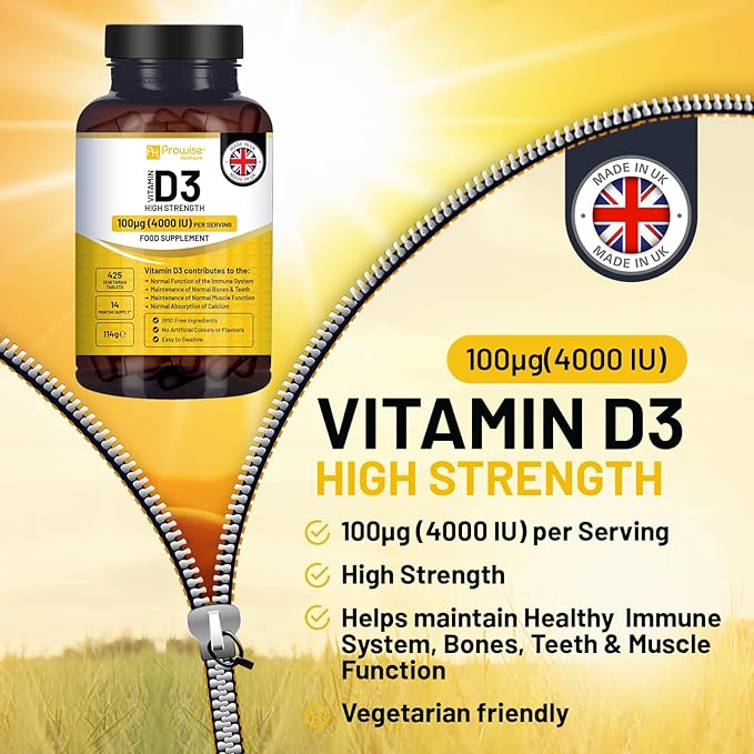 Vitamin D3 4000IU High Strength I 425 Vegetarian Tablets (14 Months Supply) I Easy Swallow Vitamin D3 Supplement for Immune Support Calcium Boost Bone &amp Muscle I Made in the UK by Prowise Health