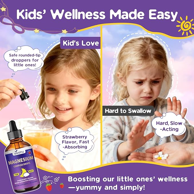 VivoNu Magnesium Drops for Kids Magnesium Glycinate Liquid for Children's Supplement with Vitamin D3 K2 B12 &amp B6 Omega 3L-theanineLemon Balm for SleepRelaxationCalmFocus Strawberry Flavor
