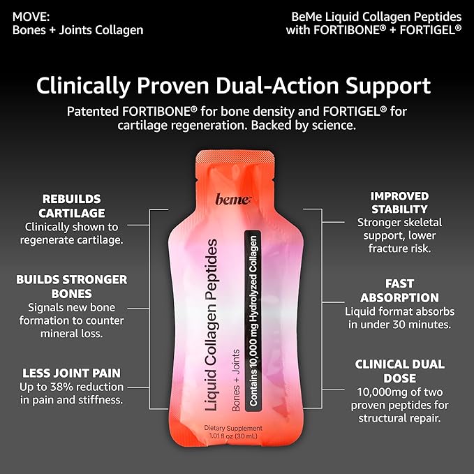 BeMe Bone &amp Joint Collagen Supplement — 10000mg FORTIBONE + FORTIGEL Hydrolyzed Collagen Peptides — Clinically Proven for Bone Density &amp Joint Mobility — Liquid Sachets Orange Mango 15 Coun