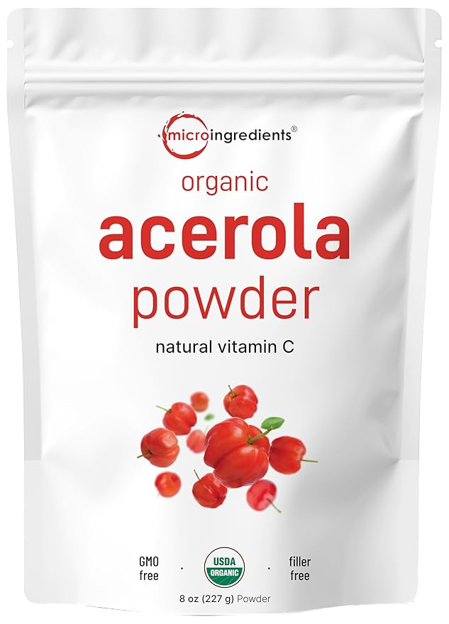 Organic Acerola Powder 8oz | Natural Organic Vitamin C Superfood | No Sugar &amp Additives | Great Flavor for Drinks Smoothie &amp Beverages | Non-GMO &amp Vegan Friendly Brazil Origin
