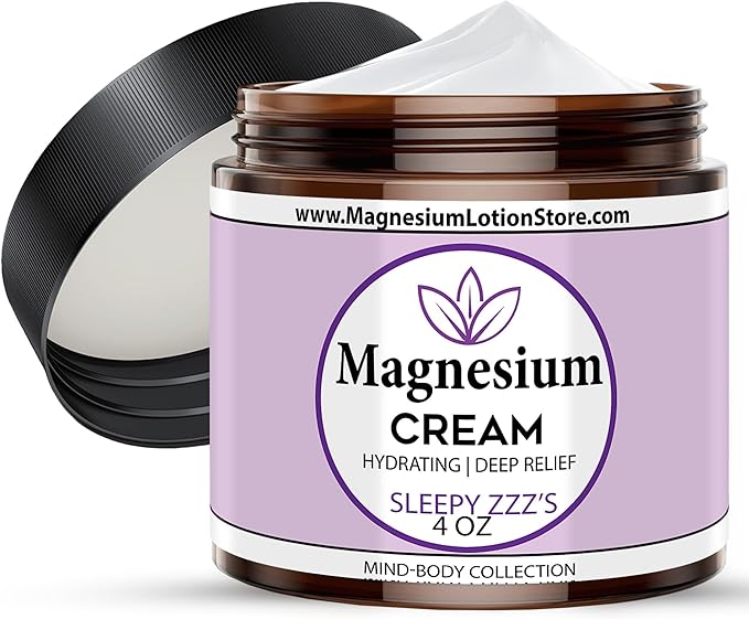 Magnesium Cream with Sleepy Zzz’s Essential Oil Scent Topical Cream for Sleep Leg Cramps &amp Pain Muscle Relaxation Calm Moisturizing Supplement with Coconut Oil Shea Butter Aloe 4 oz USA Ma