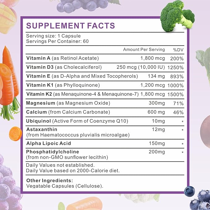 ADEK Vitamins Supplement Vitamin A + Vitamin D3 + Vitamin E + Vitamin K1 + Vitamin K2 ADK Vitamin Supplement with Minerals and Antioxidants Gluten-Free 120 Capsules
