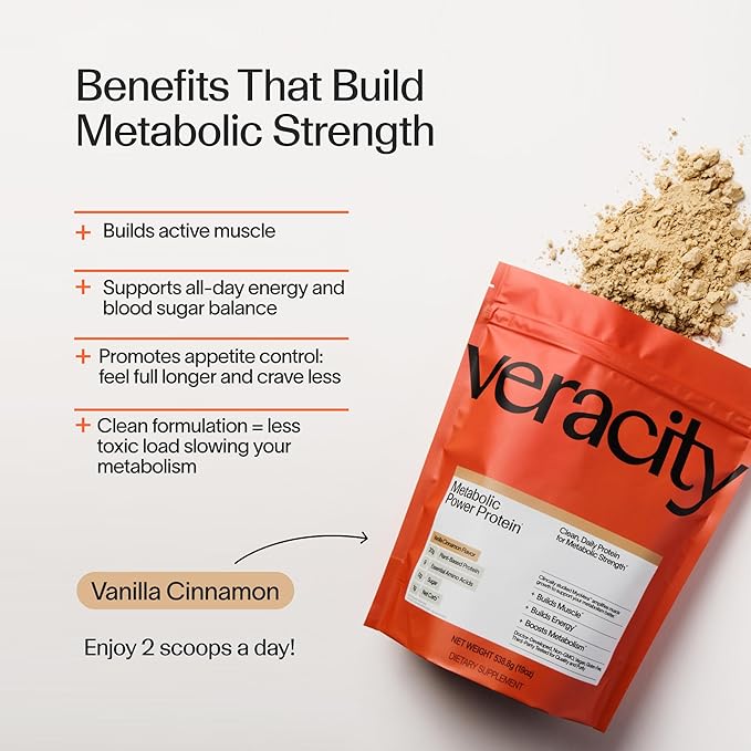 Veracity Plant-Based Protein Powder - Vanilla Cinnamon - MyoVera for Smarter Protein Utilization - Organic Sugar Free Protein for Metabolic Health - 15 Servings (20g Protein/Serving)