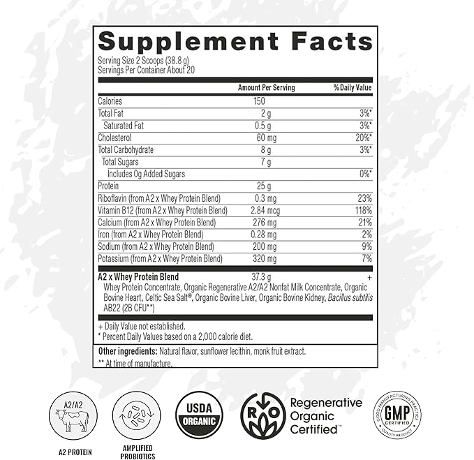 A2 Protein Powder Vanilla Creme 25 G Protein per Serving Organic A2/A2 Whey Casein Blend with Probiotics and Celtic Sea Salt Gluten Free Workout Supplement Non GMO 20 Servings 27.4 Oz