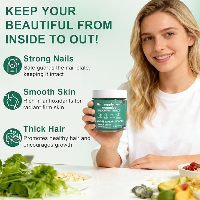 Sea Moss Gummies for Hair LossHair Loss Gummies with Organic Sea MossPearl Powder &amp Aloe VeraVitamin C Vitamin E Supports Hair &amp Skin Wellness Dietary Supplement — 60 Gummies