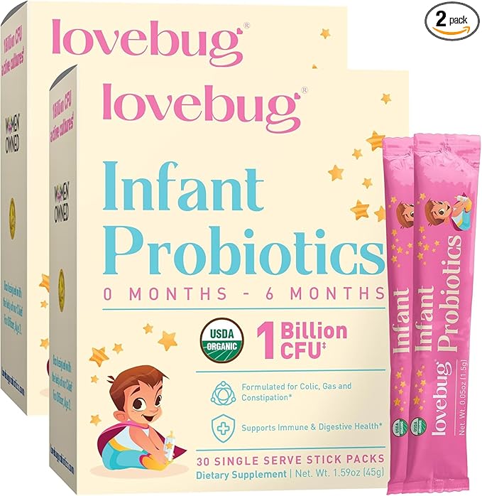 LOVEBUG Infant Probiotics 0-6 Months - USDA Organic Probiotics for Babies Supports Baby Gas Colic Diarrhea and Newborn Constipation Relief Allergen &amp Sugar Free Tasteless Powder 60 Pack