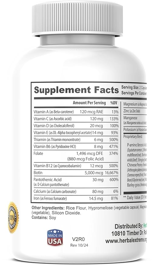 Divinity Hair Skin and Nails 60 Capsules 5000 mcg Biotin P-amino Benzoic Acid Horsetail extract Fo-Ti Bamboo extract Stinging Nettle Chinese Peony Spirulina Saw palmetto