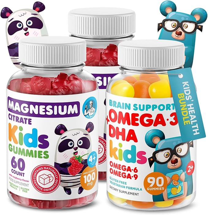 DR. MORITZ Calm Magnesium Gummies for Kids (60 Count 2 Pack) and Kids Omega 3 Gummies (90 Count) Bundle - Low Sugar Vegetarian No Fish Oil