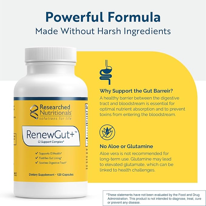 Researched Nutritionals RenewGut - GI Complex to Support Gut Lining Healthy Histamine Levels &amp Digestive Health - Collagen Peptides Zinc Carnosine DGL &amp N Acetyl Glucosamine (120 Capsules)