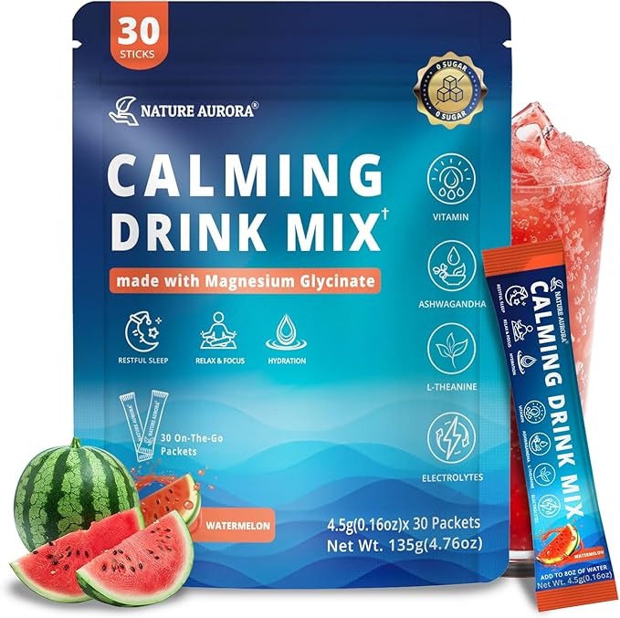 Cortisol Powdered Drink Mix Calm Adaptogenic Drink Mix with Magnesium Glycinate L-Theanine Ashwagandha Mushroom &amp Vitamin Magnesium Powder for Sleep &amp Stress Relief Watermelon Flavor 30