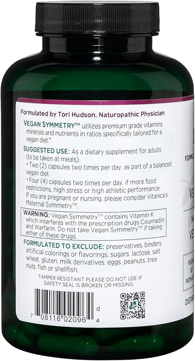 Vitanica Vegan Symmetry Non-GMO Vegan Multivitamin for Women Iron Free Gluten Free 120 Capsules