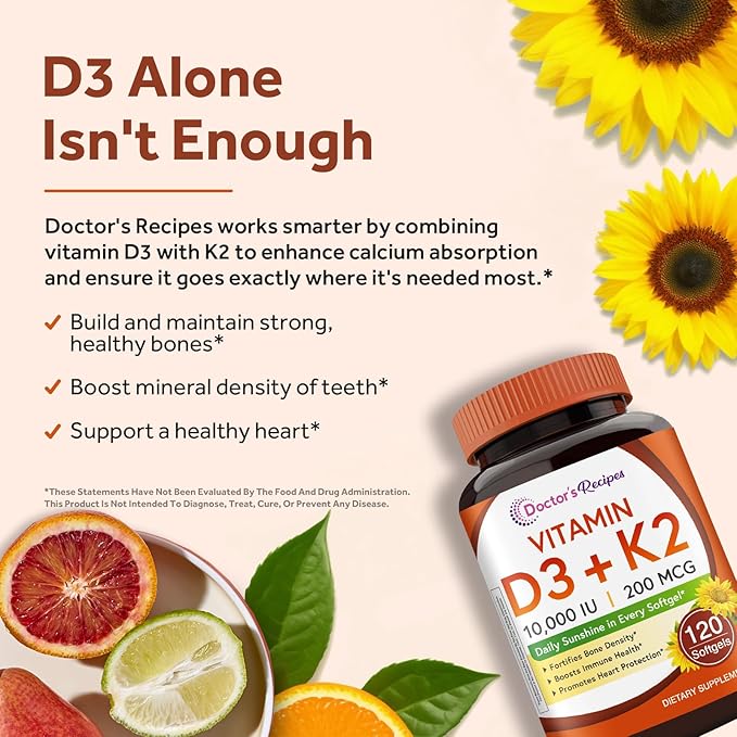 Doctor's Recipes D3 K2 + Saffron Bundle (Pack of 2) | Vitamin D3 K2 10000 IU (Item 1) &amp Saffron Extract Supplement (Item 2) | 120 Softgels + 120 Capsules
