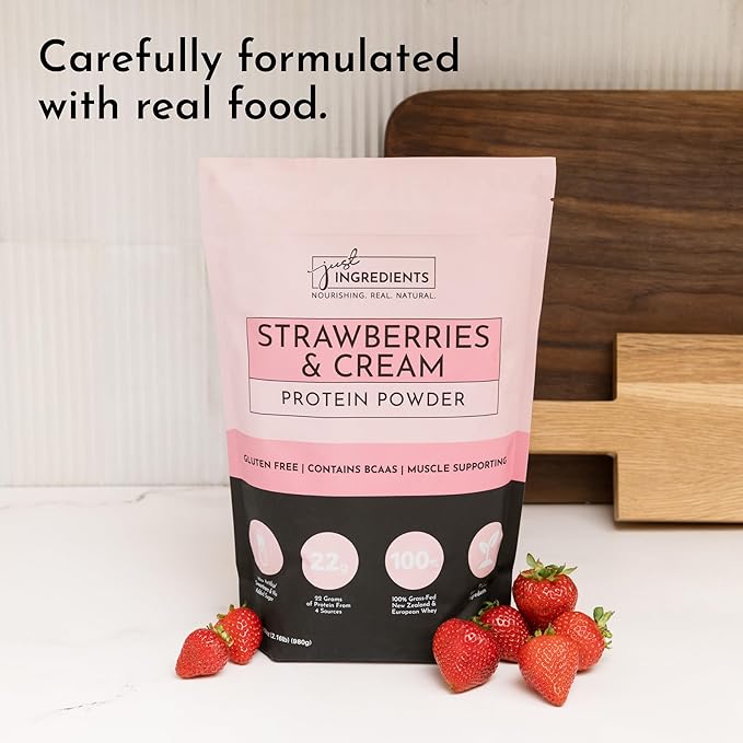 JUST INGREDIENTS Strawberries &amp Cream Protein Powder – 20-Serving Blend with 100% Grass-Fed Whey &amp Organic Plant Proteins – Real Strawberry Flavor – Supports Muscle Recovery Energy*