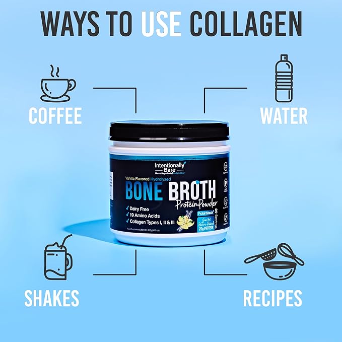 Intentionally Bare Bone Broth Protein Powder Vanilla - Grass Fed Protein Powder with Multi Collagen Peptides Type 1 2 and 3 - Dairy Free Bone Broth Powder for Skin Gut and Joint - 20 Servings