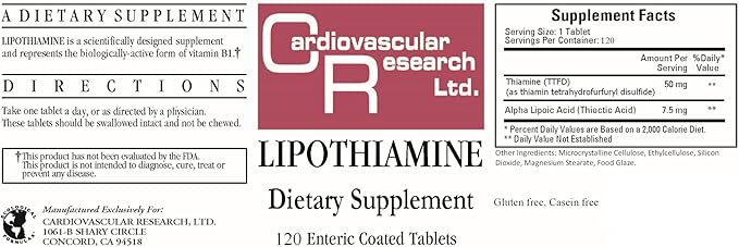Cardiovascular Research Lipothiamine Vitamin B1 with Alpha-Lipoic Acid Tamper Resistant Tearstrip Shipping Box 120 Count