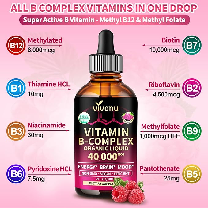 VivoNu Vitamin B Complex Liquid Drops Vitamins B12 B6 B1 B2 B3 B5Methyl Folate with Vitamin C A E D Support Energy Raspberry Flavor Natural Ingredient Non GMO