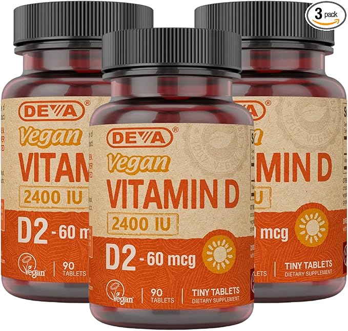 DEVA Vegan Vitamin D2 60 mcg 2400 IU Ergocalciferol Supplement with No Animal Ingredients 90 Tablets (Pack of 3)