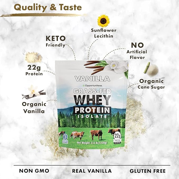 Opportuniteas Grass Fed Vanilla Choco Whey Protein Isolate Powder - 20g Protein Powder Without Artificial Sweeteners Hormone-Free Cows Non GMO - 5lb