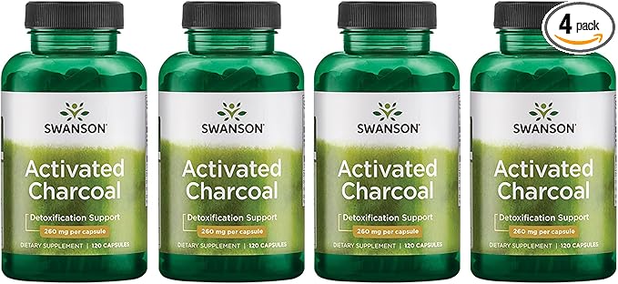 Swanson Activated Charcoal Digestive Support Supplement for Digestive-Comfort-Seeking Adults - 260 mg Per Capsule (120 Capsules 520 mg Per Serving 4 Pack)