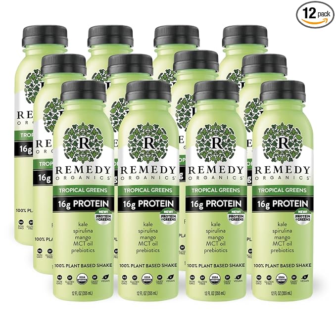 Remedy Organics Tropical Greens 12-Pack | Plant Based 16g Protein Shakes Ready to Drink | USDA Organic Gluten Free Dairy Free Soy Free