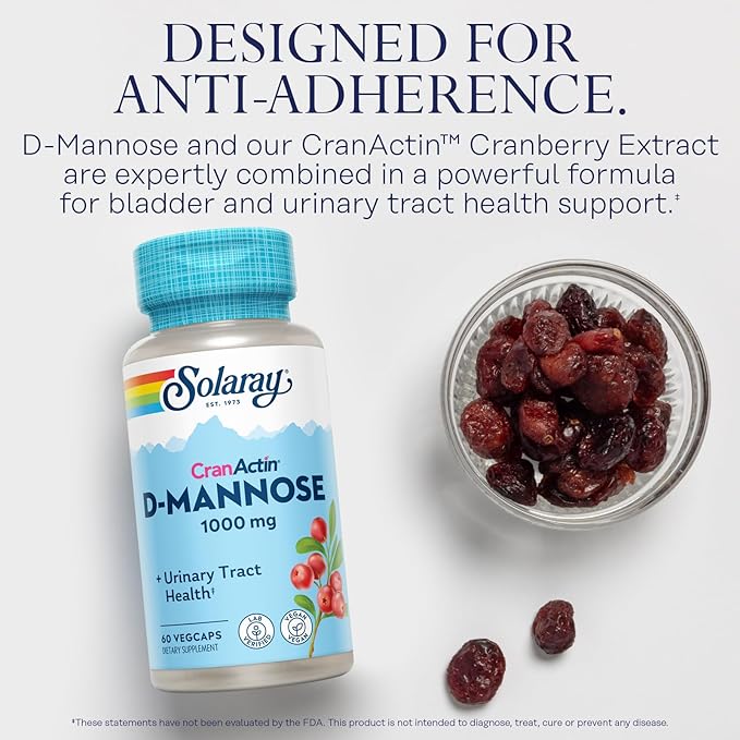 SOLARAY D-Mannose with CranActin Cranberry Supplement 400mg Urinary Tract Health &amp Bladder Support Capsules with Vitamin C for Immune Function Vegan 60 Day Guarantee 30 Servings 60 VegCaps