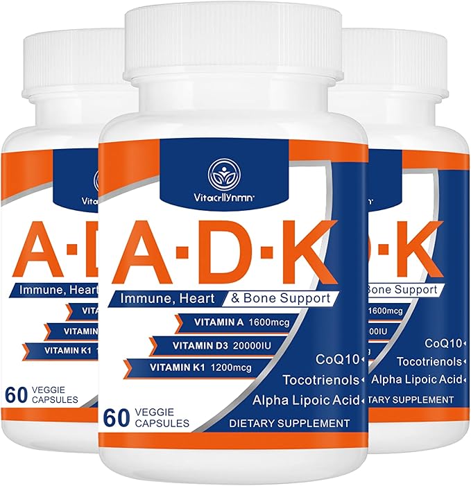ADK Vitamin Supplement 20000 IU - High Potency Vitamins A D3 and K1 for Heart Bone Health and Immune Support Vitamin ADK 180 Capsules