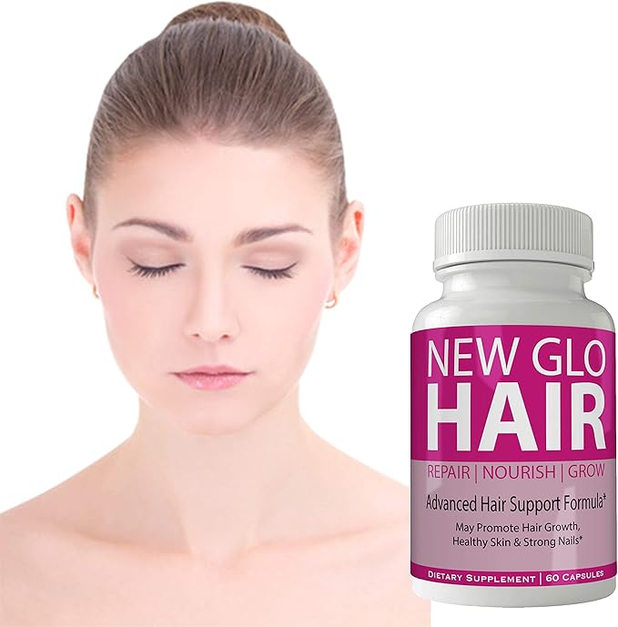 New Glo Hair Skin and Nails Supplement - Advanced Unique Hair Growth Vitamins and Minerals with Biotin - Gluten Free 60 Capsules - Hair Lash Skin and Nails Extra Strength Formula Growth Booster
