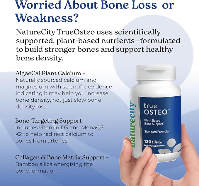 NatureCity True-Osteo Plant-Based Supplement for Bone Strength | AlgaeCal Calcium &amp Magnesium Plant-Based Vitamin D3 Vitamin K2 Silicon| Gentle on Stomach (360 Capsules)