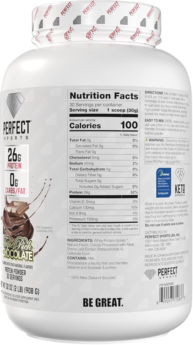 PERFECT SPORTS Diesel 100% New Zealand Whey Protein Isolate | Stevia Sweetened No Artificial Ingredients Keto | 0g Carb 0g Fat 26g Protein | 2 Pounds (Triple Rich Dark Chocolate)