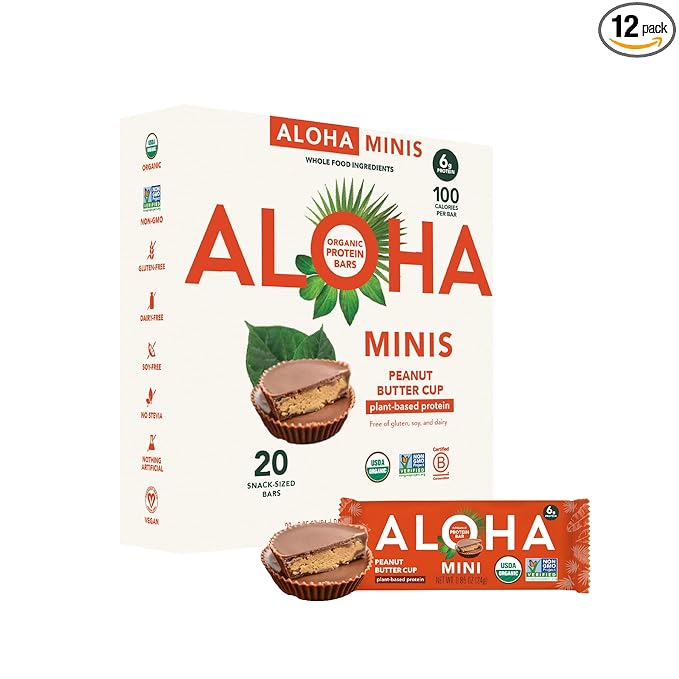 ALOHA Organic Plant Based Protein Bar MINIS |Peanut Butter Cup | 20 Count 24g Bars | Vegan Low Sugar Gluten Free Low Carb Non-GMO Stevia Free Soy Free No Sugar Alcohols