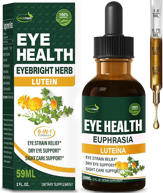 Eyebright Herb Eye Health Drops Bilberry &amp Lutein Liquid Extract Herbal Supplement for Eye Strain Relief &amp Sight Care Support. Euphrasia Officinalis Arándanos Luteína para Los Ojos. 2oz