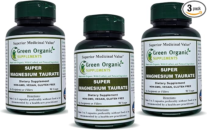 Magnesium Taurate High Absorbable 90 VCaps Non-GMO Vegan &amp Gluten Free Made with Organic Wild-Crafted and Natural Ingredients (Pack of 3)
