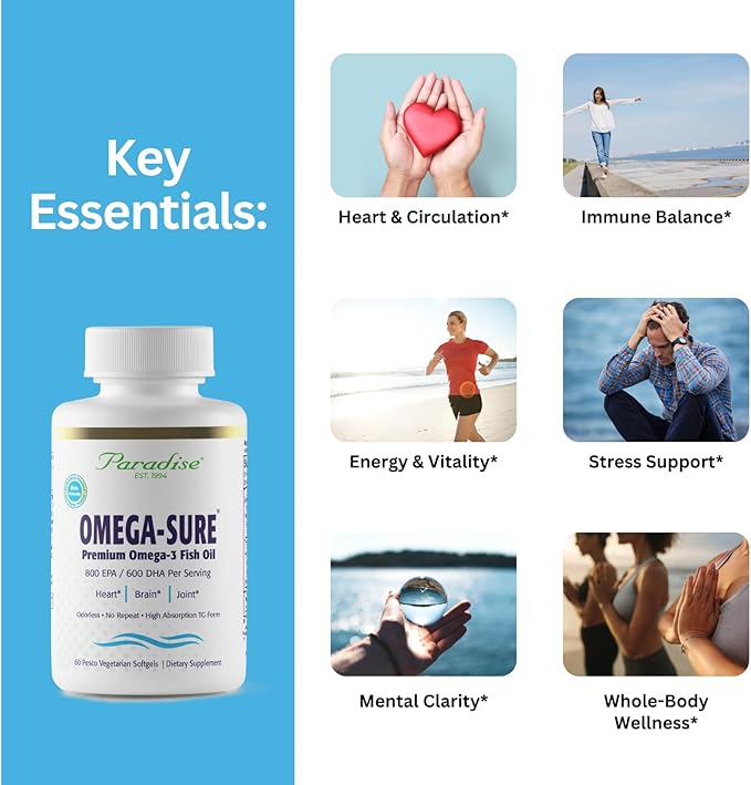 Paradise Herbs Omega-Sure Omega-3 Concentrate Premium Fish Oil DHA EPA Vegan Non GMO Gluten Free 60 Count Vegetarian Softgels