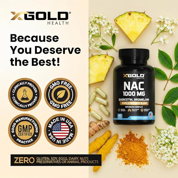 XGold Health NAC 1000 mg with Quercetin 95% Bromelain Zinc Vitamin C D3 &amp K2 Immune Support &amp Antioxidant Supplement Advanced Defense Blend 90 Veggie Capsules