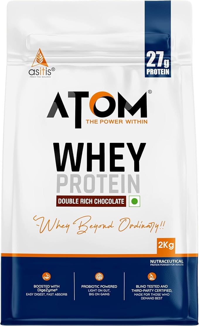 AS-IT-IS Atom Whey Protein 2kg/70.5 Oz With Digestive Enzymes | Usa Labdoor Certified for Accuracy &amp Purity | Double Rich Chocolate Flavor | 27g Protein | 5.7g Bcaaâ