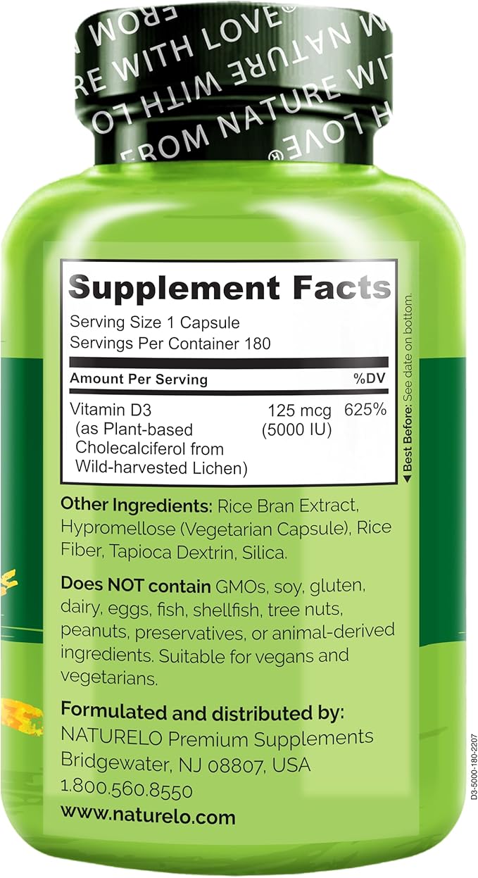 NATURELO Vitamin D - 5000 IU - Plant Based from Lichen - Natural D3 Supplement for Immune System Bone Support Joint Health - High Potency - Vegan - Non-GMO - Gluten Free - 180 Capsules