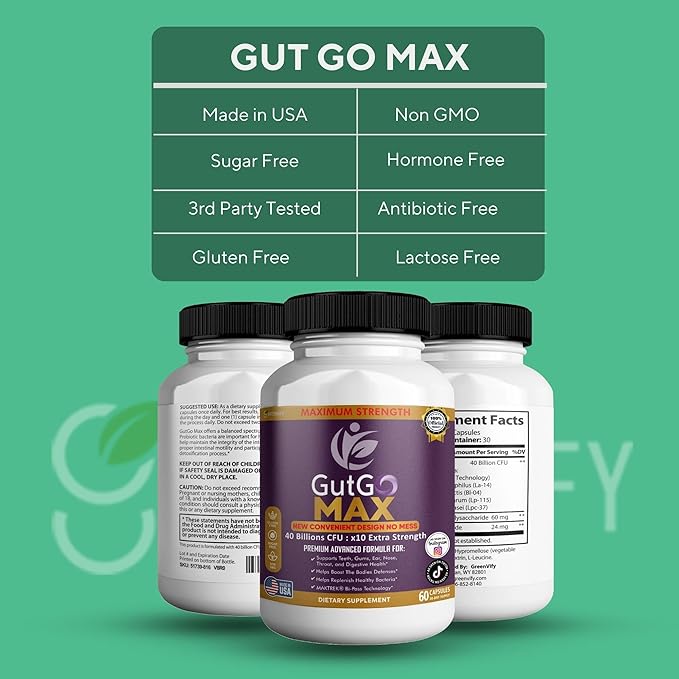 GutGo Max Probiotic Supplement 40 Billion CFU 60 Capsules Maximum Strength Gluten Free Sugar Free (5)