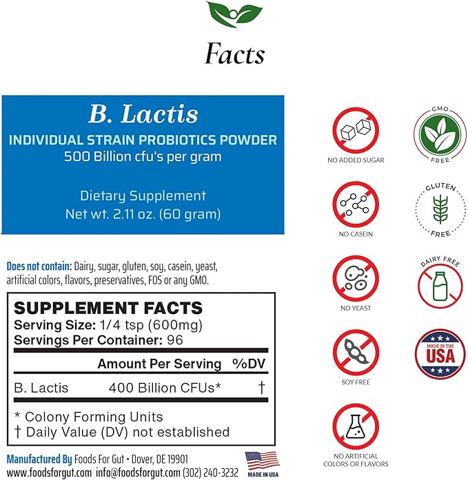 Bifidobacterium Lactis Probiotic Powder 500 Billion cfu's | Made in USA | No Additives | Direct from Manufacturer | No Third-Party Storage | Immune Support | B. Lactis | 60 Grams (2.11 Oz)