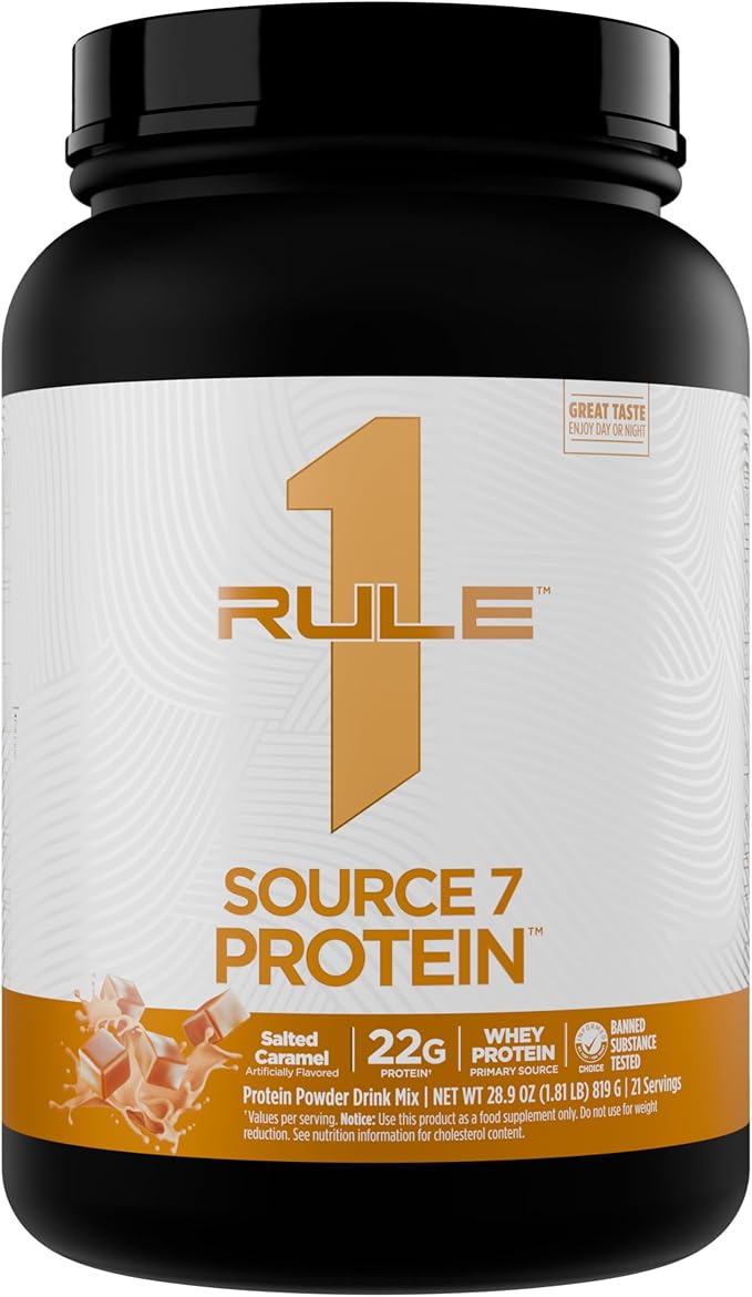 Rule 1 Source 7 Protein – Decadent Flavor Velvety Smooth Texture 22g Anytime Protein and 10g Naturally Occurring EAAs Per Serving from 7 Premium Sources (1.8 Pounds* Salted Carmel)