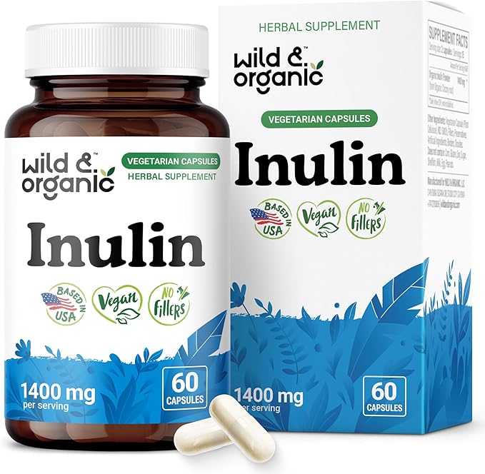 Wild &amp Organic Inulin Prebiotic Fiber Capsules 1400 mg - Digestive &amp Gut Support - Chicory Root Inulin Powder Supplement - Vegan No Fillers Non-GMO - 60 Count
