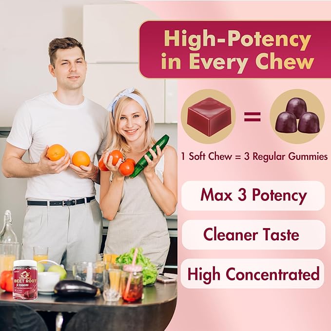 NEVISS Beet Héāŗt Chews 1500mg Nitric Oxide and Blood Préssũre Support 5 in 1 Beets Supplements w/Grape Seed L-Citrulline Vitamin B6 &amp B12 for Energy &amp Circulation Support 60 Chews Sugar