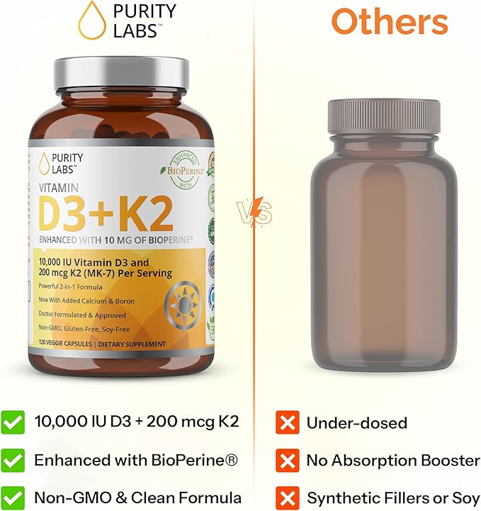 Purity Labs Vitamin D3 K2 10000 IU (250mcg) D3 + 200mcg K2 MK7 - Immune Support Supplement Enhanced with Bioperine - Supplements for Daily Defense Bone Muscle &amp Skin Health - 120 Capsules